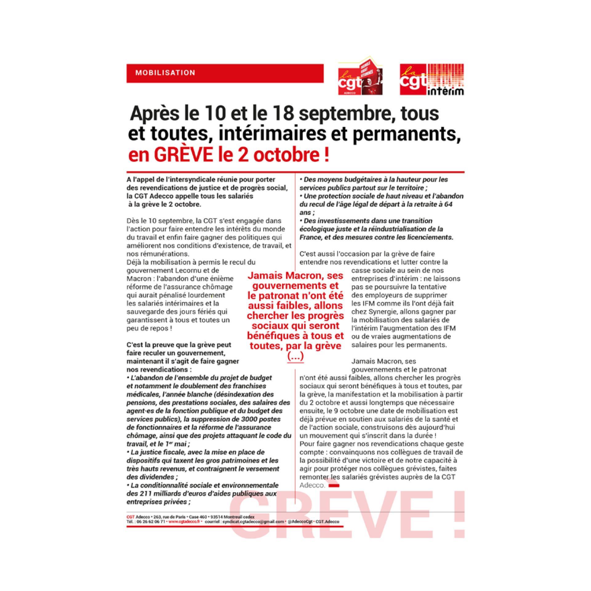 Grève du 2 octobre 2025 : la CGT Adecco appelle intérimaires et permanents à la mobilisation